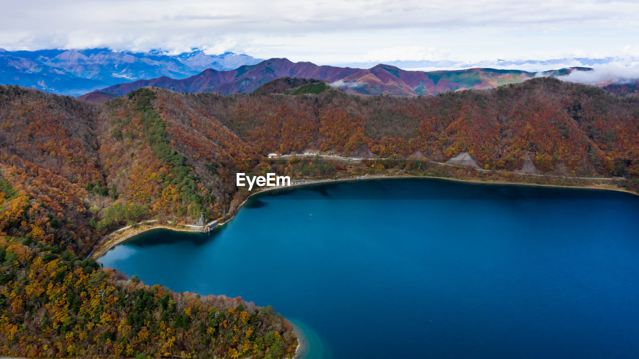 Nature landscape aerial view lake shojiko and mountain at autumn in japan