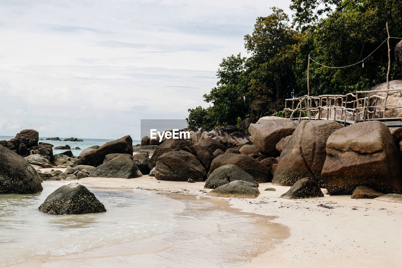 ROCKS ON SHORE AGAINST SKY