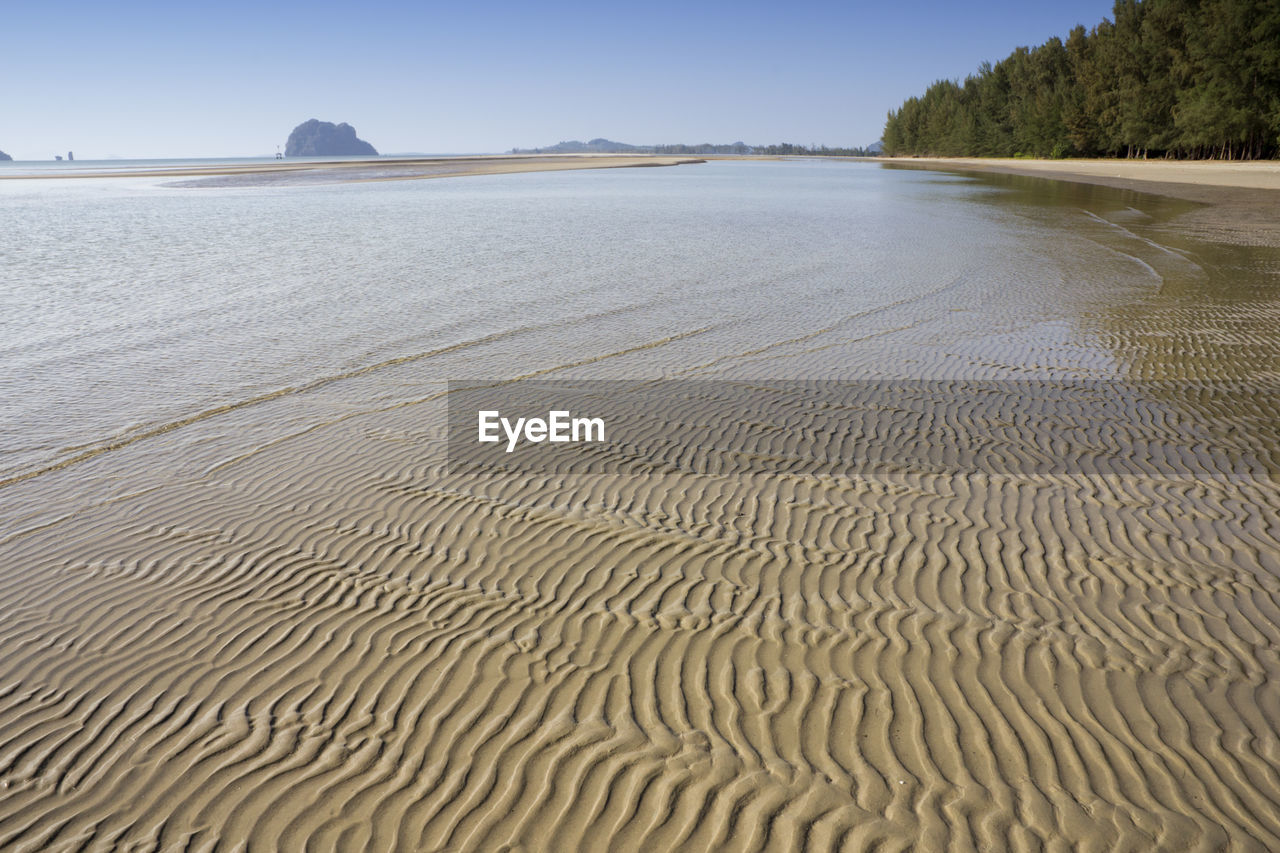 SURFACE LEVEL OF BEACH AGAINST SKY