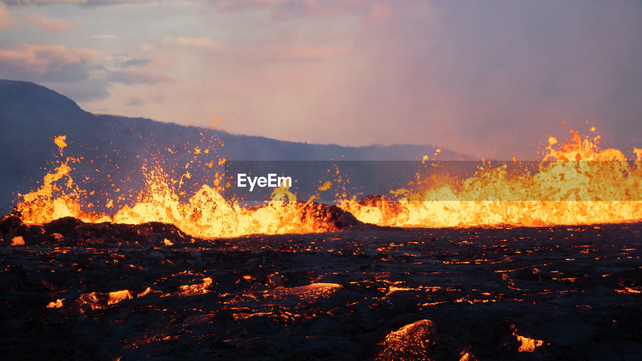 A volcanic eruption in the fagradalsfjall volcano, iceland on august 3rd 2022.