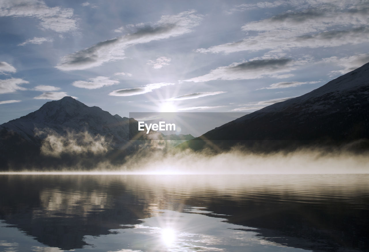 Scenic view of lake and mountains against sky