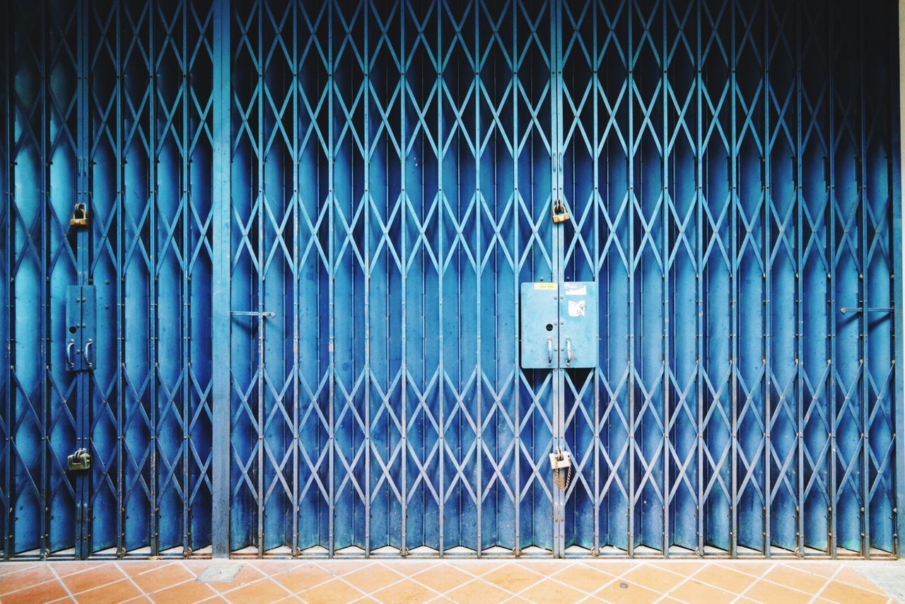 View of closed blue gate