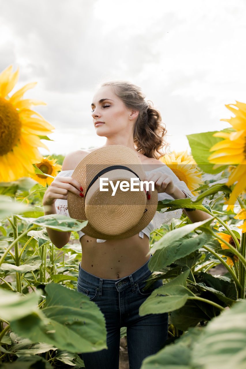 A young girl with a model appearance, in denim trousers and a white blouse in a sunflower field