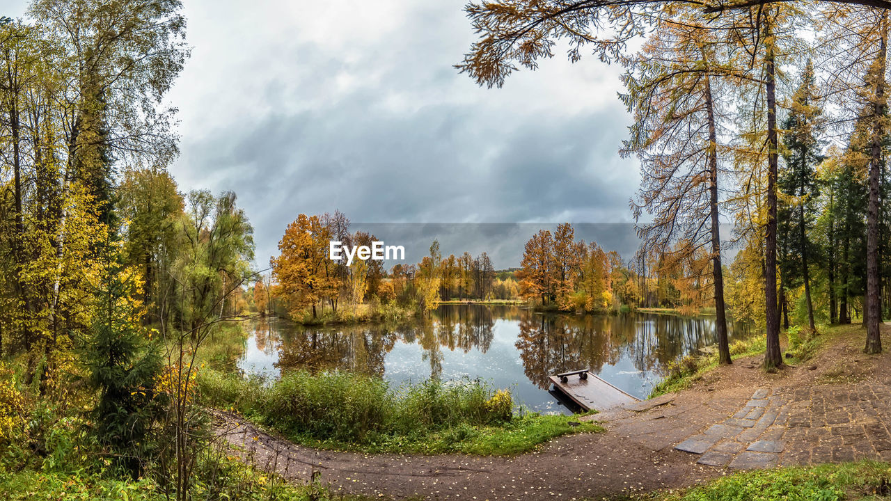 Autumn landscape with lake view, surrounded by trees with yellow foliage. 