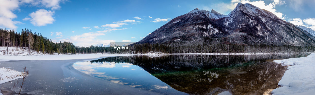 Panoramic view of lake by snowcapped mountain against sky