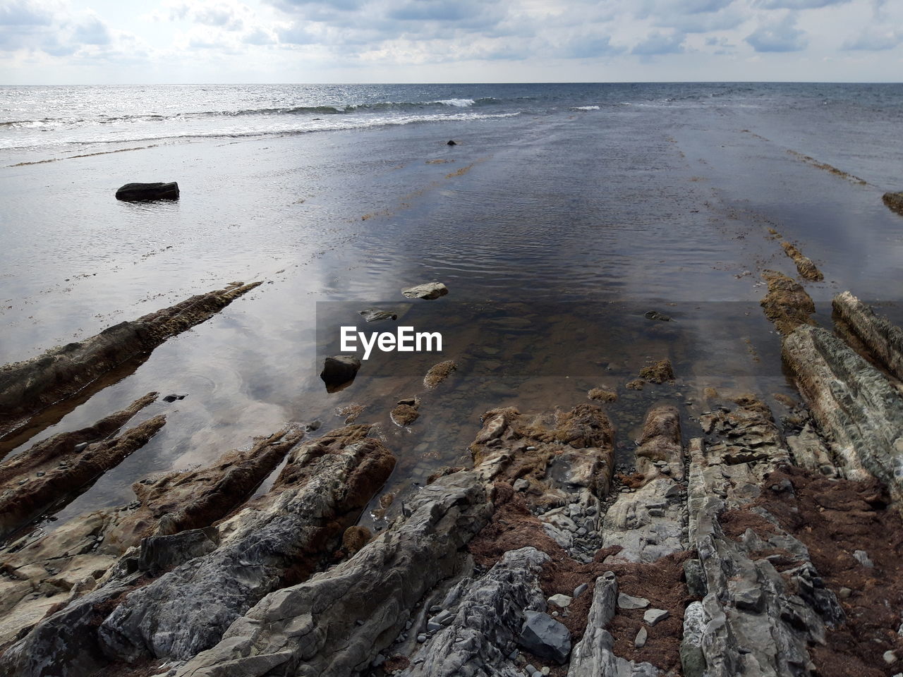 Surface level of sandy beach against sky