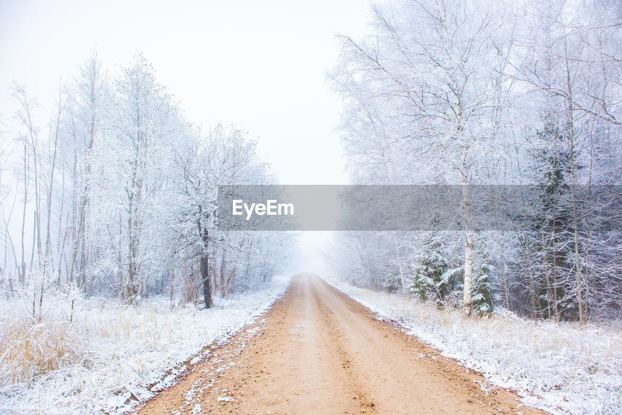 Road amidst trees on field during winter against sky