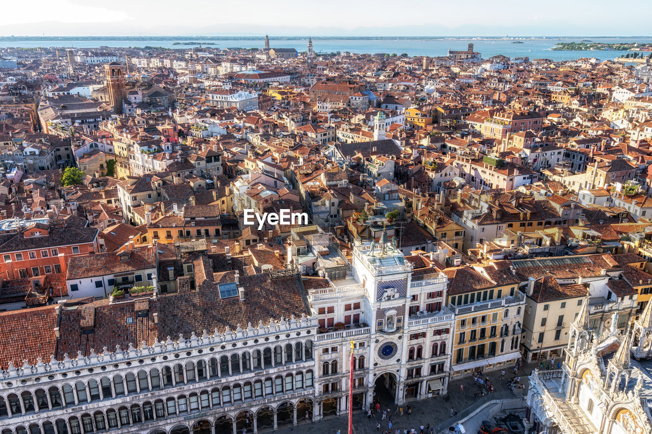 Venice city viewed from campanile di san marco in san marco plaza in venice, italy.