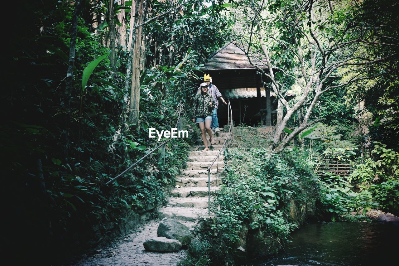 REAR VIEW OF MAN WALKING ON FOOTPATH BY TREES IN FOREST