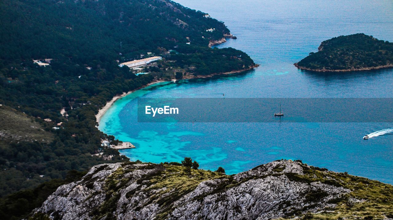 High angle view of bay and rocks