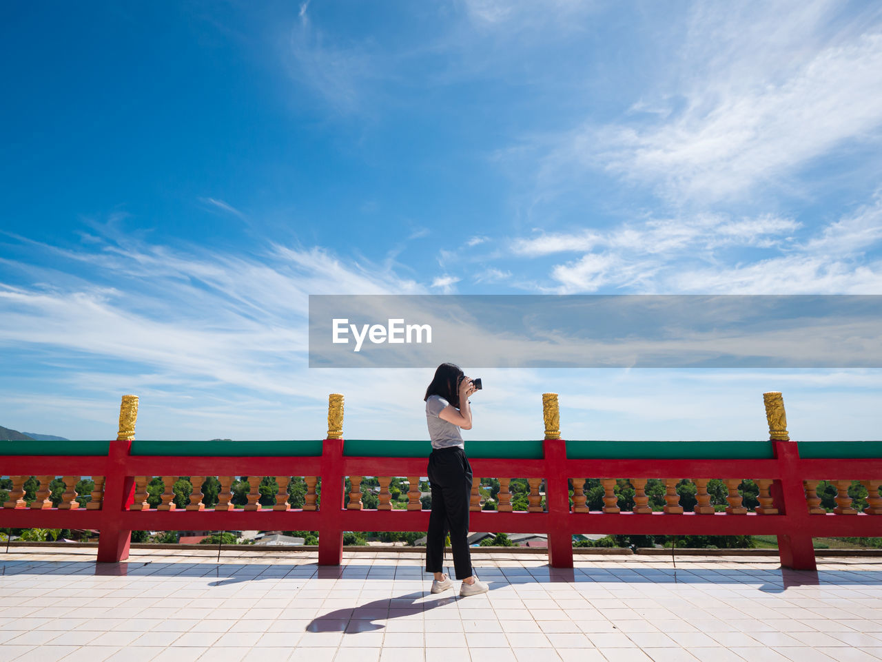 Rear view of woman standing on railing against sky