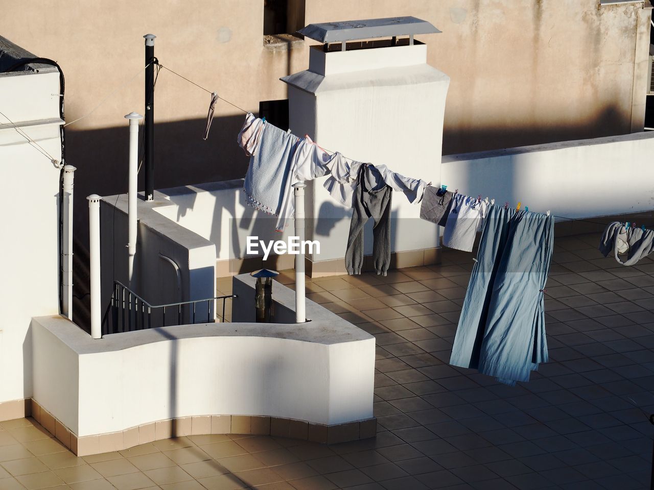 High angle view of clothesline on terrace