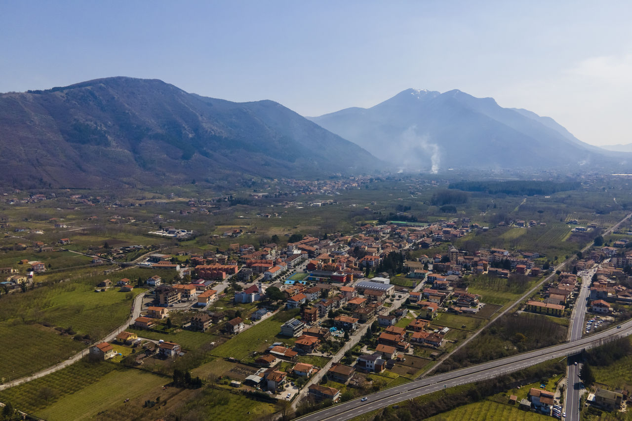 high angle view of townscape against clear sky