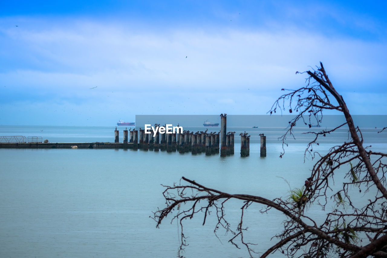 WOODEN POST IN SEA AGAINST SKY