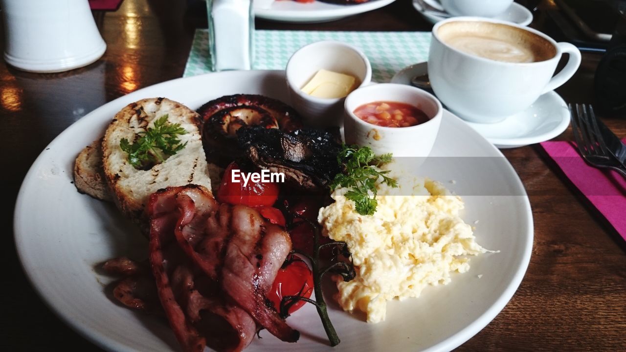 Close-up of breakfast served on table