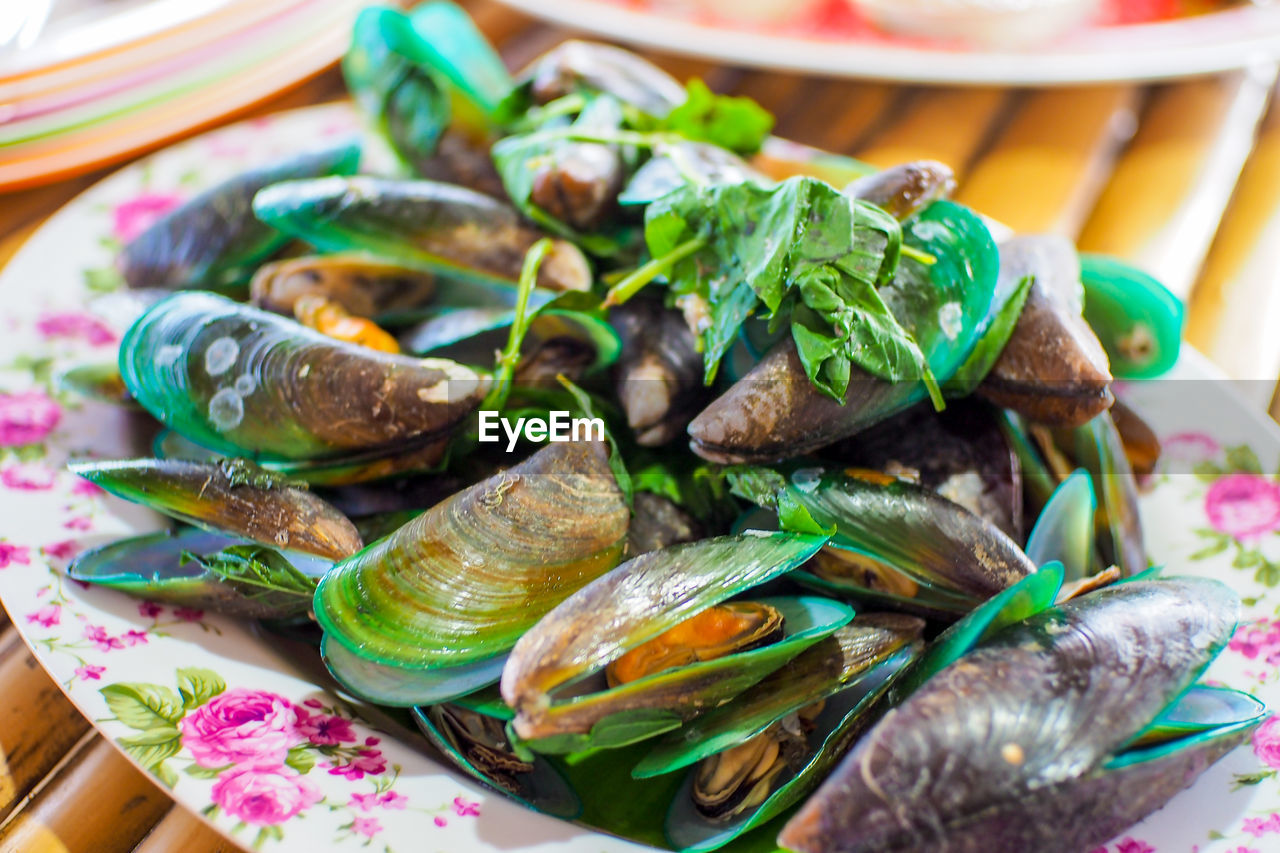 Close-up of mussel in plate on table