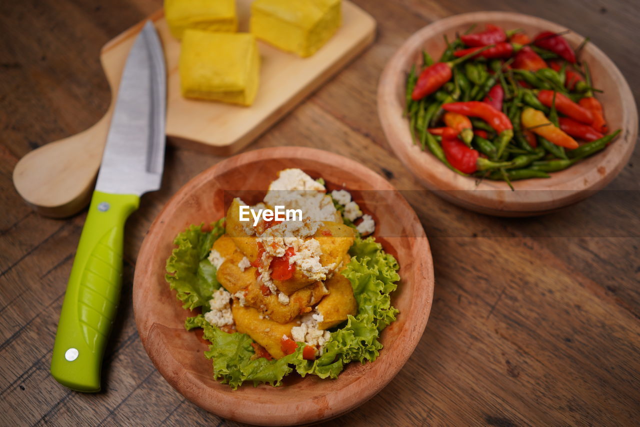 High angle view of salad served on table