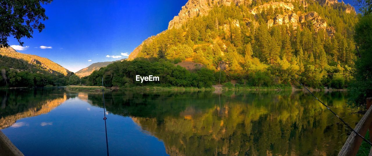 Scenic view of lake by trees against sky