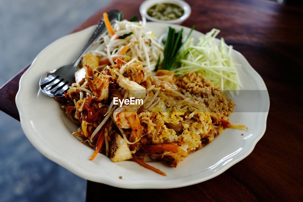 High angle view of food in plate on table