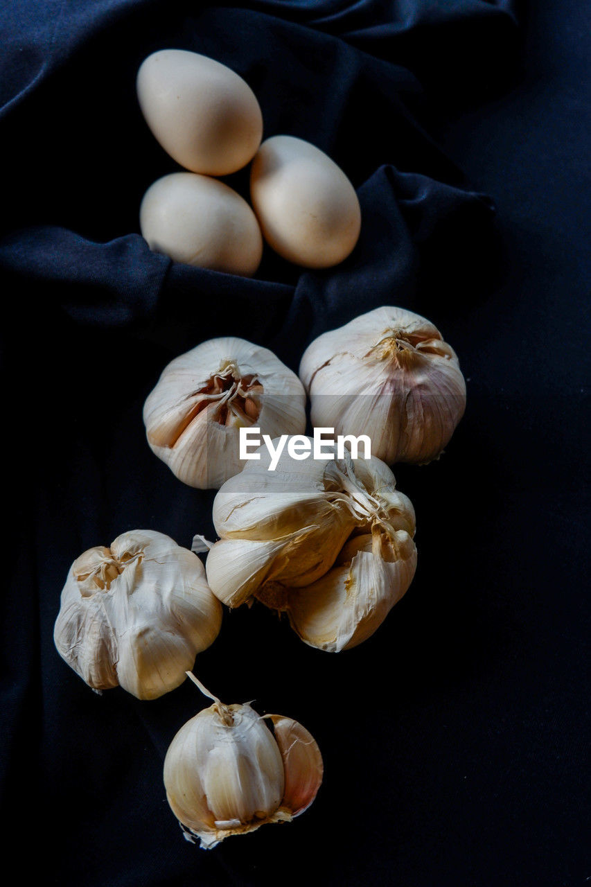 food, food and drink, garlic, ingredient, freshness, wellbeing, spice, healthy eating, studio shot, garlic bulb, indoors, vegetable, still life, black background, no people, produce, garlic clove, raw food, high angle view, group of objects, close-up, plant, organic, directly above