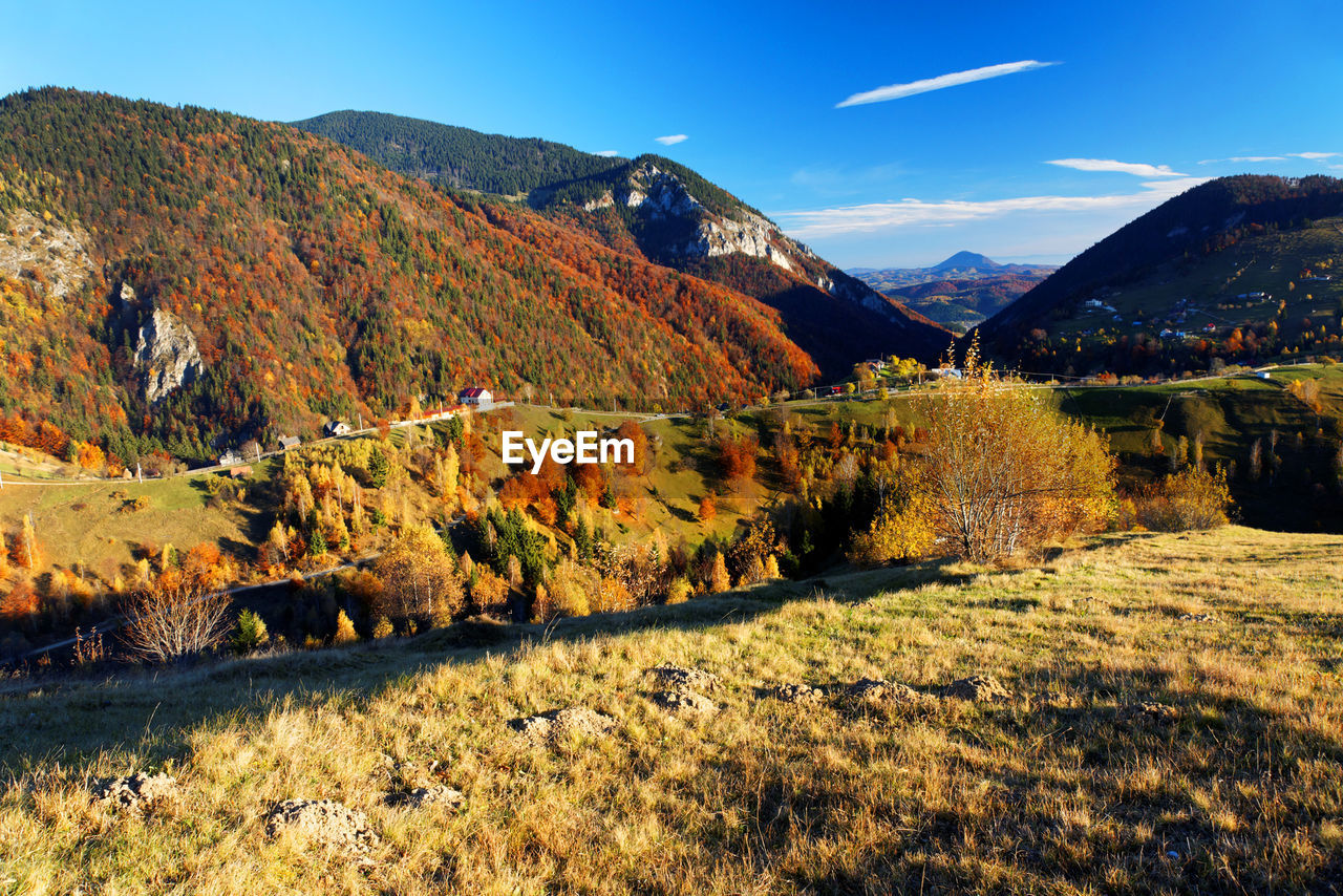 Scenic view of mountains against sky during autumn