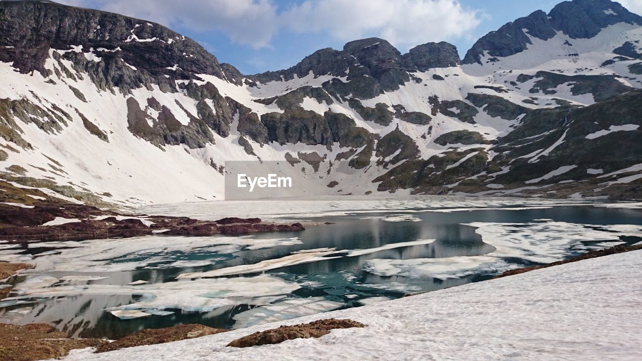 Scenic view of snowcapped mountains against sky