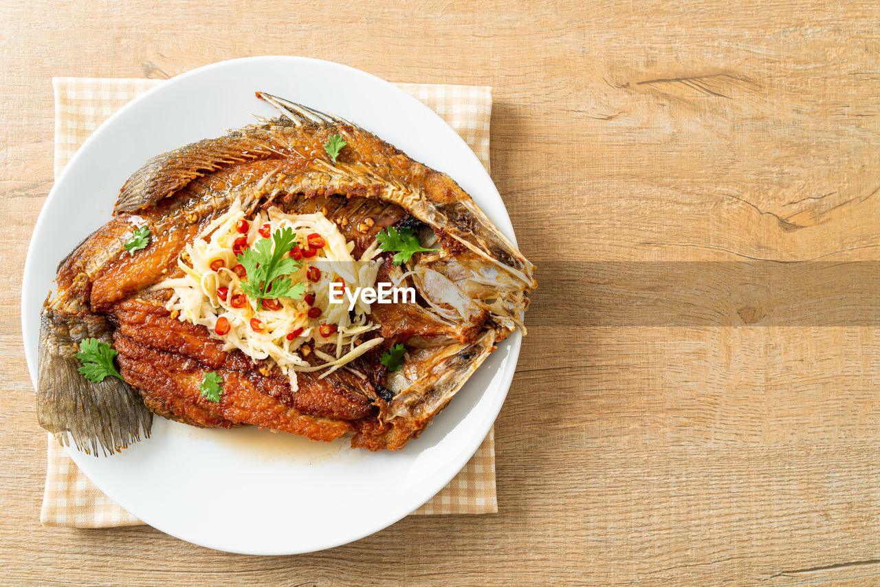 high angle view of seafood in plate on table