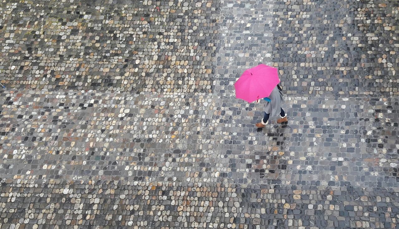 HIGH ANGLE VIEW OF WOMAN WITH UMBRELLA ON RAINY DAY
