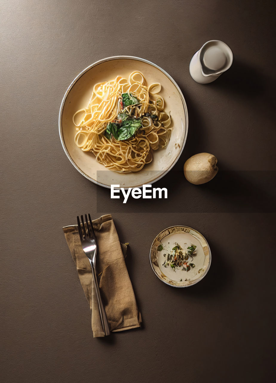 Top view of a plate with spaghetti next to a fork and on a brown table. image created by artificial intelligence and later modified