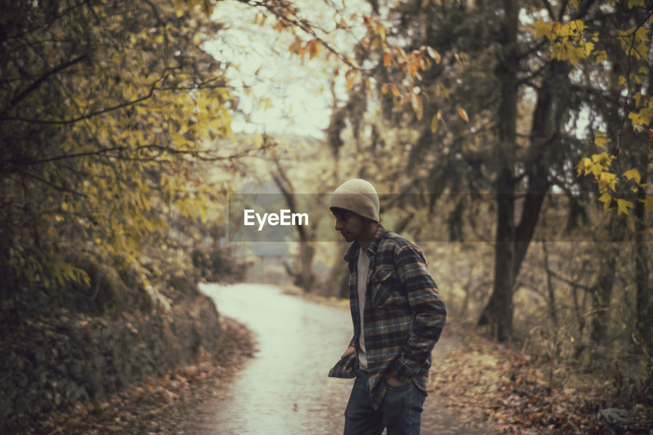 Rear view of man walking in forest