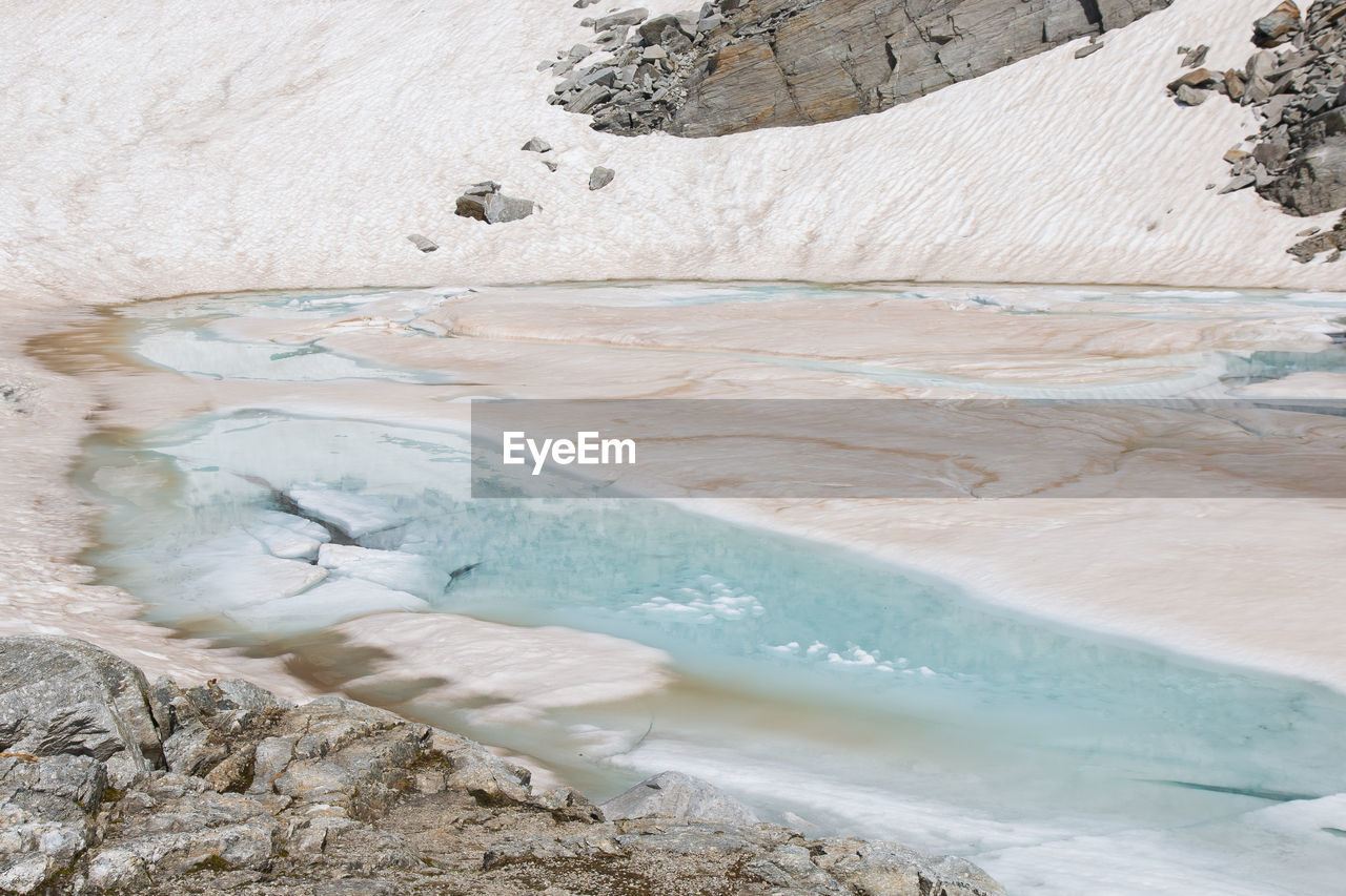 View of glacier alpine lake in the pass of monte moro during summer season, piemonte, italy