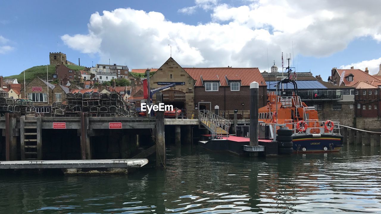 Boats moored in river against buildings in city