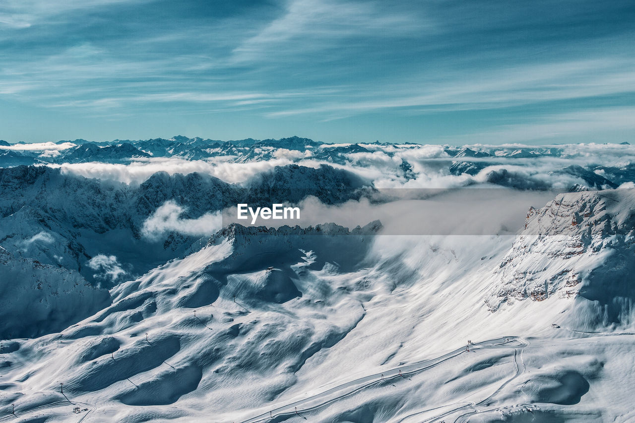 Mountain panorama from the viewing platform on the zugspitze. german and austrian ski areas.