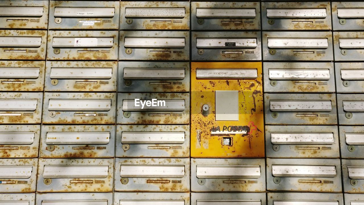 Full frame shot of rusty mailboxes