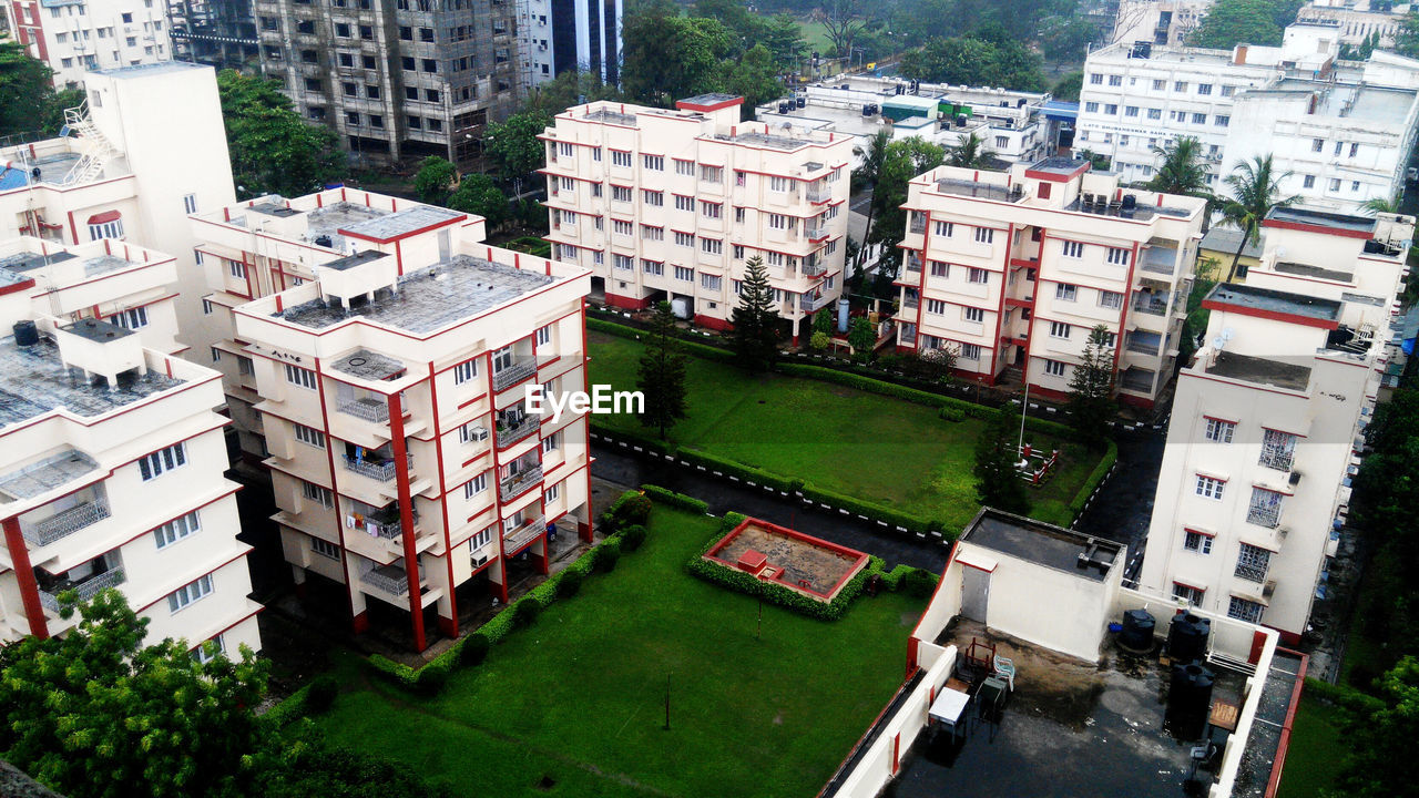 High angle view of residential buildings in city