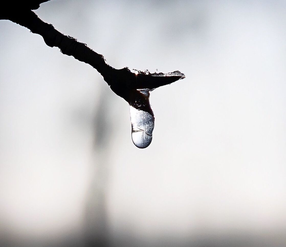 CLOSE-UP OF SNOW HANGING ON SNOWY LANDSCAPE