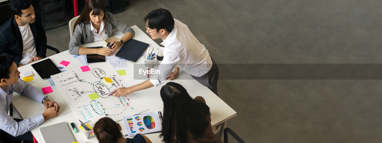 HIGH ANGLE VIEW OF PEOPLE STANDING ON TABLE AGAINST THE WALL