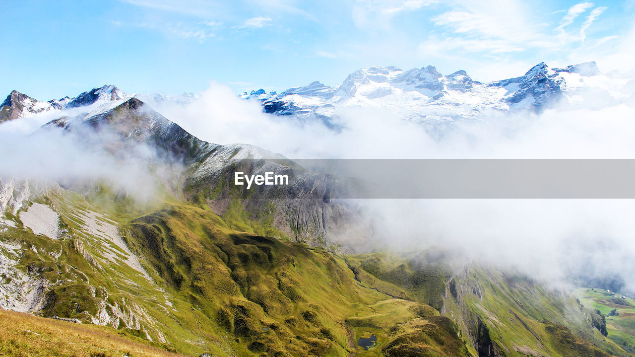 Scenic view of snowcapped mountains against sky