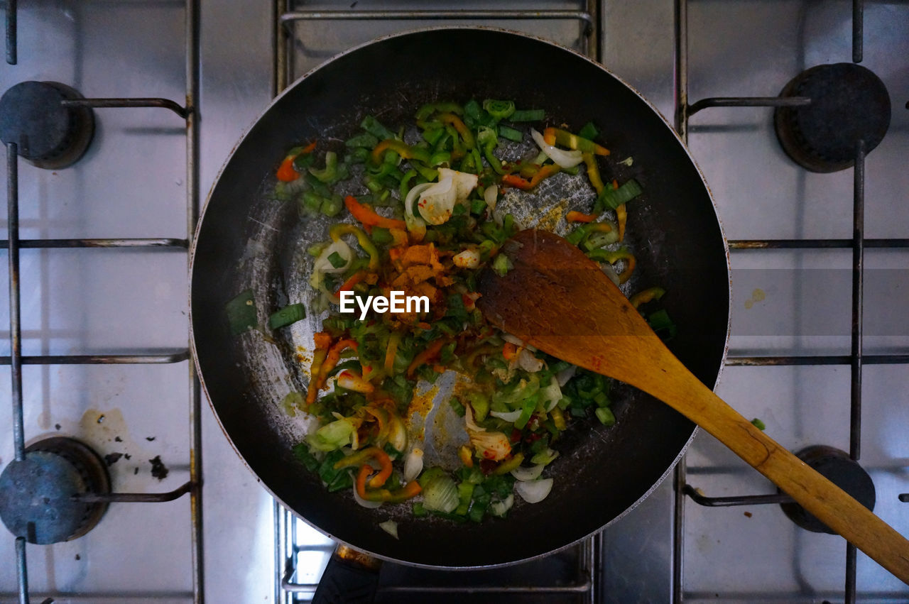 Directly above shot of vegetables in frying pan