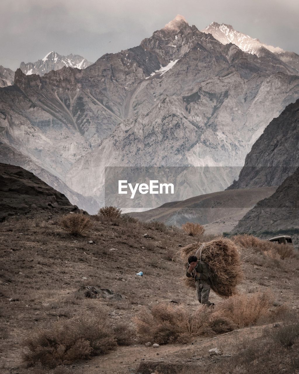 Man carrying hay against mountains during winter