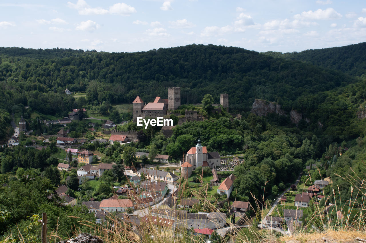 high angle view of buildings in town