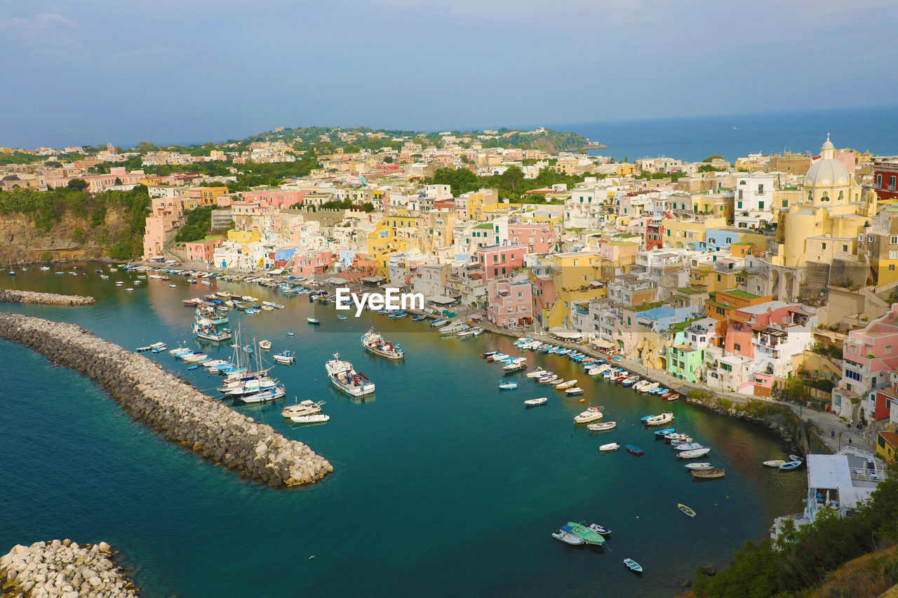 Beautiful colorful harbor of procida island, naples, italy.