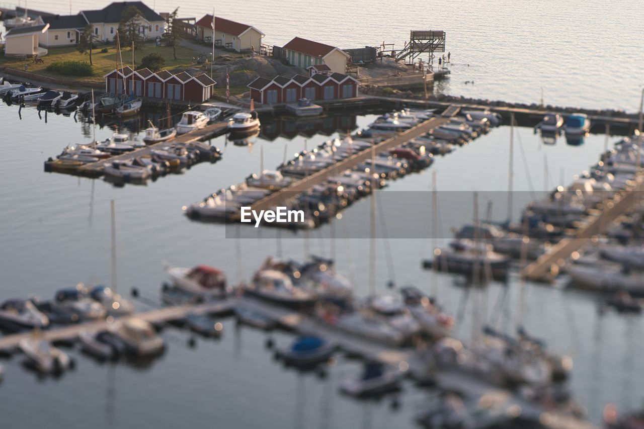 High angle view of boats at marina