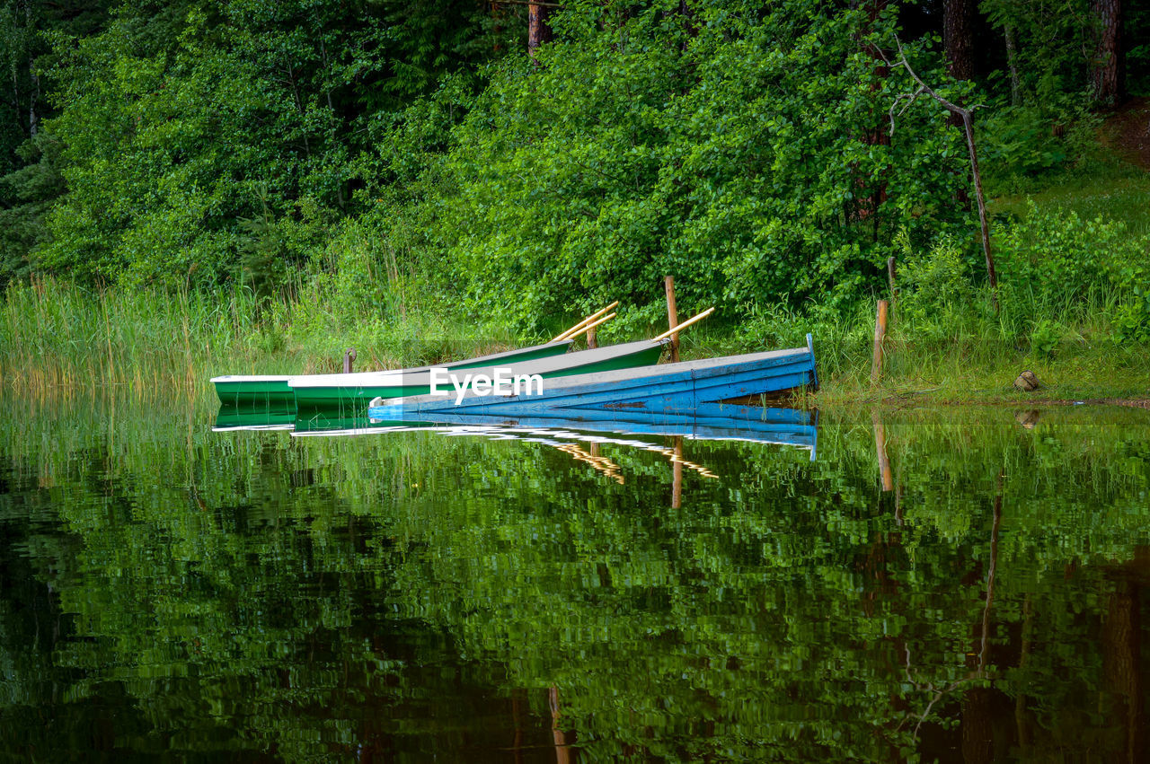 Boat moored on lake against trees