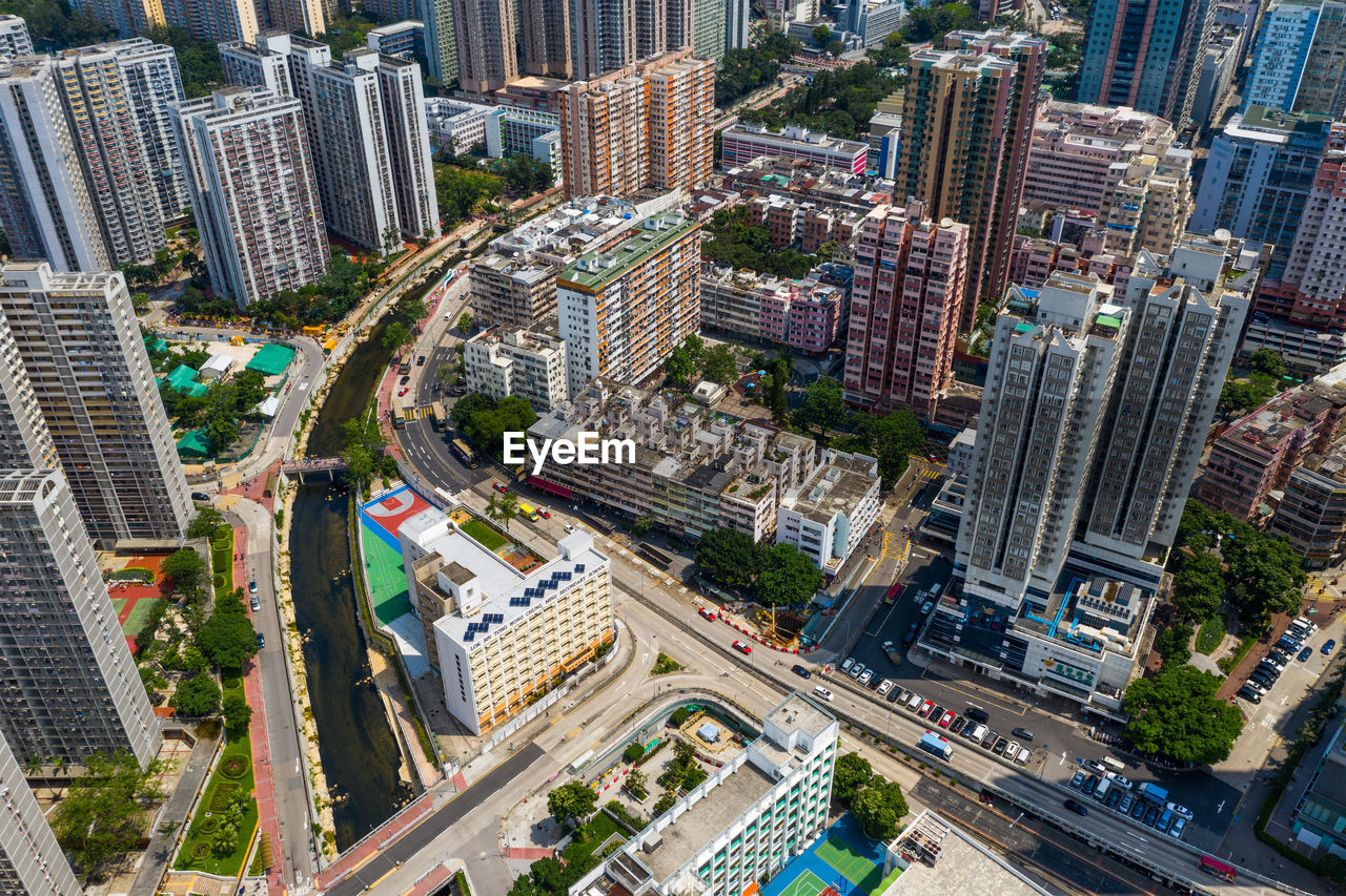 High angle view of city street amidst buildings