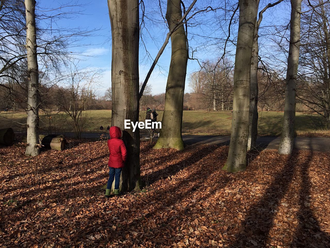 Rear view of kid standing by bare tree in park during autumn