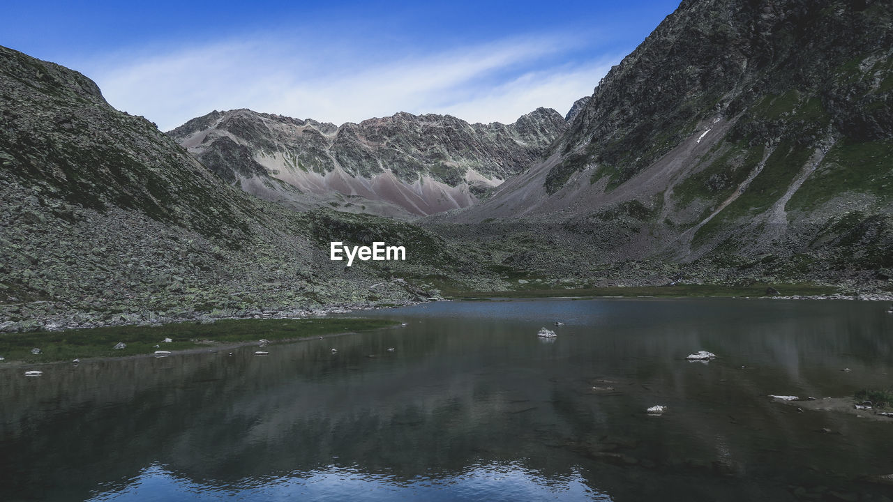 SCENIC VIEW OF LAKE AGAINST MOUNTAIN RANGE