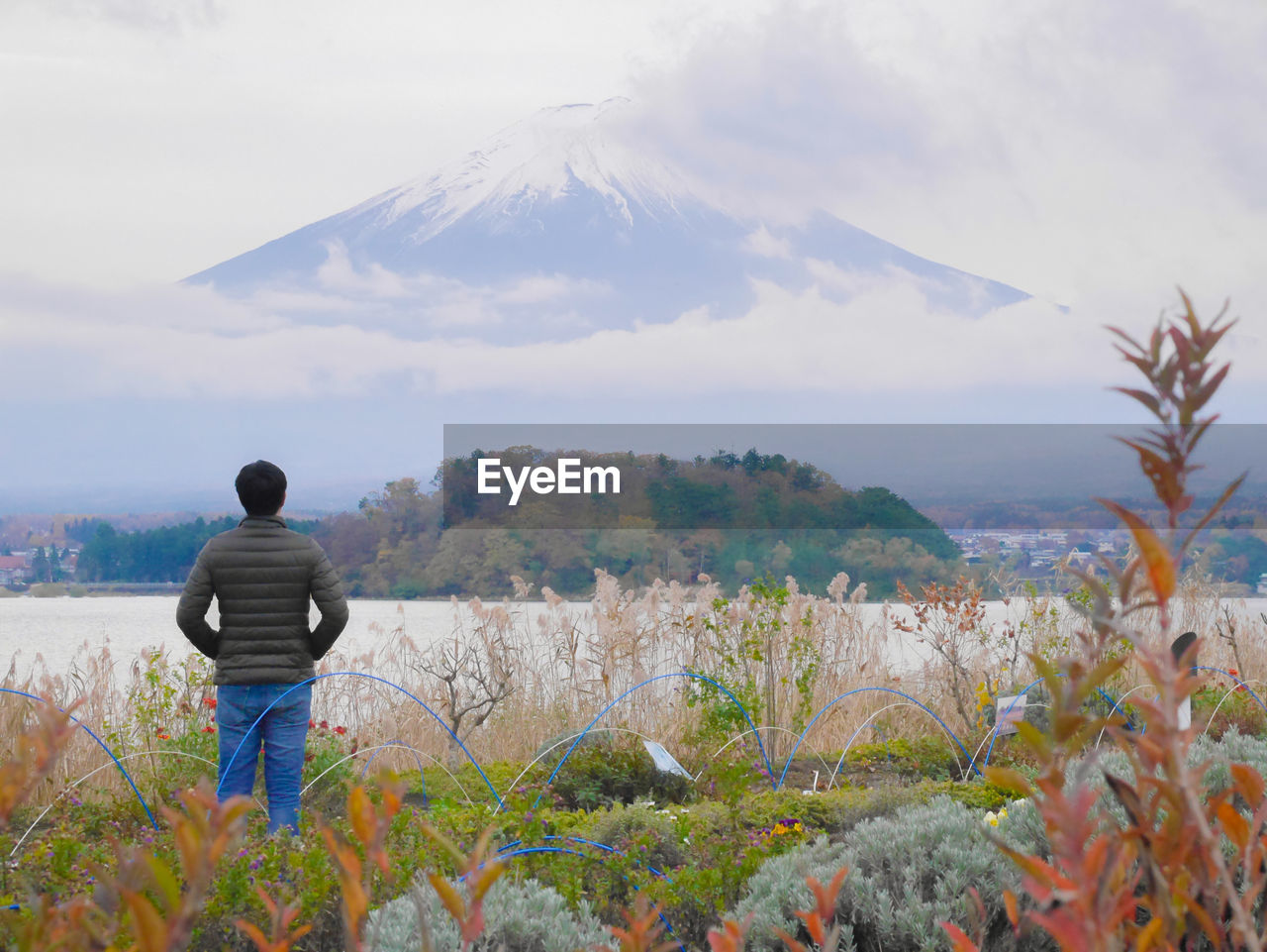 Rear view of man standing on land against sky