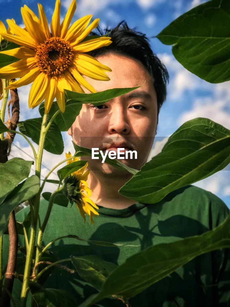 Close-up portrait of a young man behind sunflower against cloudy sky.