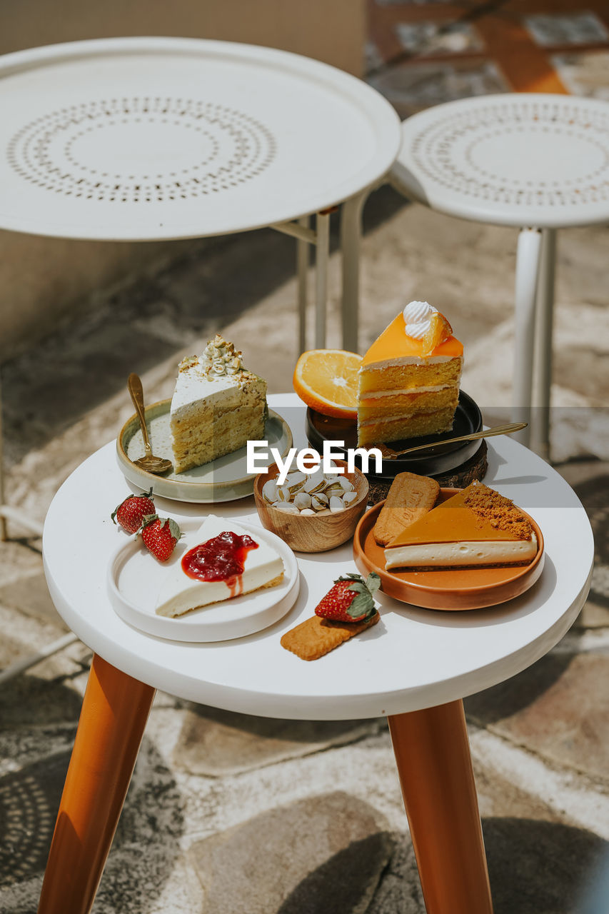 high angle view of dessert on table